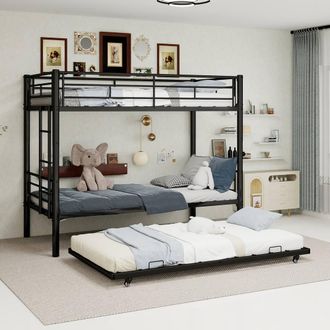 Matteo Black 3-Tier Metal Bunk Bed with Pull-Out Trundle - Space Saving | Size: Single