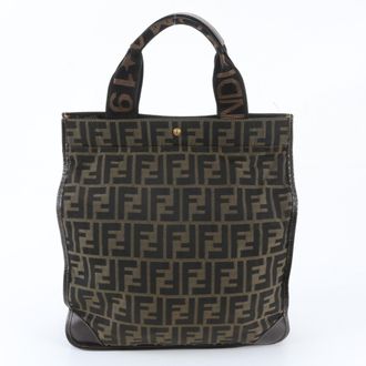 Fendi Brown Leather Canvas Handbag Shoulder Bag Tote Bag (Pre-Owned)