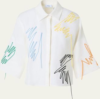 Akris Scribble Applique 3/4-Sleeve Linen Blouse
