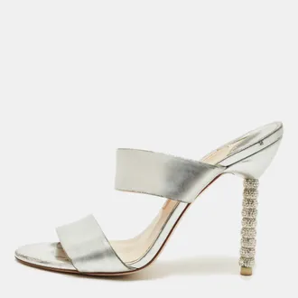 Sophia Webster Silver Foil Leather Crystal Embellished Heel Slide Sandals