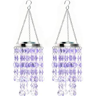 Glitzhome Set of 2 Solar Lighted Acrylic Jewel Beaded Wind Chime or Chandelier Hanging Decor in White at Nordstrom, Size Medium