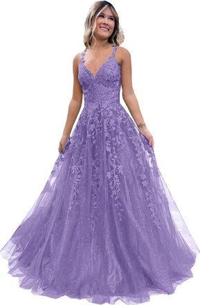 Generic Womens Lace Applique Prom Dresses Long Tulle Bridesmaid Dress A Line V Neck Formal Party Ball Gowns with Slit Light Lavender M