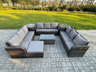 Fimous Rattan Lounge Sofa Set 10 Seater Outdoor Garden Furniture Set with Rectangular Coffee Table 3 Seater Sofa 2 Side Tables Big Footstool