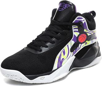 Generic Mens Basketball Shoes High Top Fly Woven Breathable Durable Sports Training Boots Walking Shoes(Black Purple,8.5 UK)