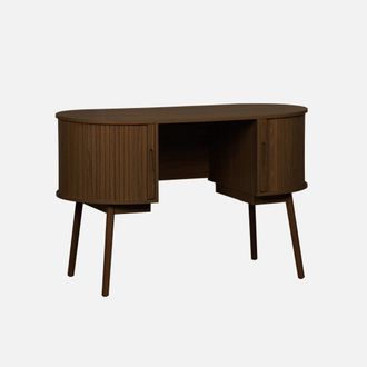 Sweeek Escritorio ovalado efecto madera con dos espacios de almacenamiento, l