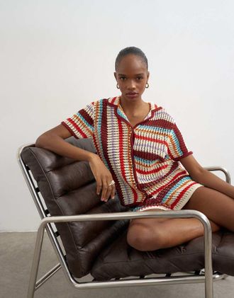 Topshop Camicia lavorata alluncinetto bordeaux a righe in coordinato-Rosso