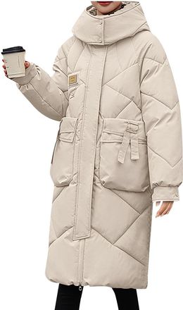 Generic Winter Coats for Women UK Mid-length Zipped Hooded Coat with Diagonal Stripes Warm Lining Thickened Padded Jacket Windproof Parka with Pockets Beige 3