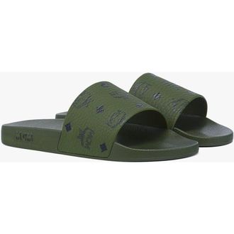 MCM Male Monogram Print Rubber Slides in Khaki Moss at Nordstrom, Size 46