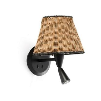 Faro Barcelona Faro Barcelona - Faro Sumba Black, Rattan Shade Wall Lamp With Reading Light 3000K