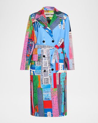 Libertine - Libertine NYC Cityscape-Print Belted Long Trench Coat
