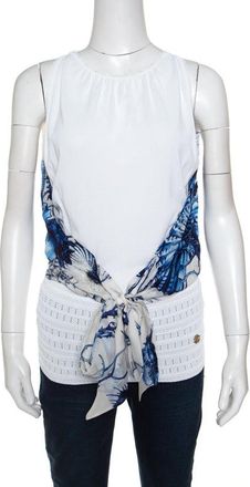 Roberto Cavalli White And Blue Printed Cutout Back Front Tie Sleeveless Top