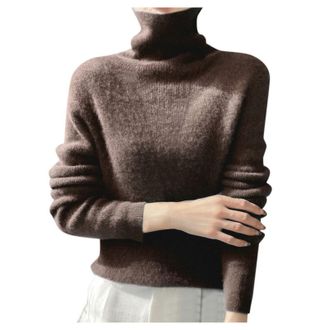 Generic High Neck Jumpers for Women Wool Sweater for Women Long Sleeve Knitted Tops Ladies Fall and Winter Warm Sweater Coffee