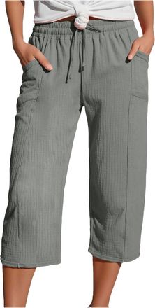 Generic Palazzo Pants for Women, Lightweight Trousers Women UK Linen and Cotton Plus Size Elasticated Waist Capri Casual Summer Beach Pants High Waist Straigh