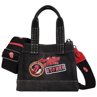 THE ROLLING STONES Black Denim Patch Mini Tote - Studded Handles with Adjustable Crossbody Strap