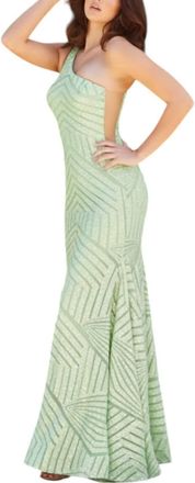 Jovani One Shoulder Beaded Geometric Sequin Prom Dress In Pale/green