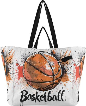 Generic Basketball print Reusable Canvas Tote Bag, Heavy Duty Grocery Shopping Bag with Large Capacity Double Handles Hard Bottom Work Groceries Travel