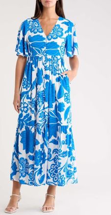 Sugarlips Floral Flutter Sleeve Dress in White Blue Multi at Nordstrom, Size X-Small