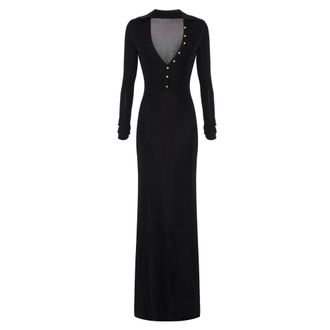 Elisabetta Franchi Maxi Dresses, female, Black, M, V-neck Shirt-Collar Maxi Dress
