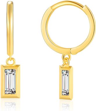 MAX + STONE 10K Yellow Gold Cubic Zirconia Huggie Hoop Earrings with Baguette Cut Bezel