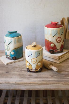 Kalalou Set Of Three Ceramic Van Canisters With Surfboard Handles