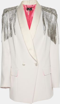 Elisabetta Franchi White Stretch Crepe Metal And Crystal Fringe Double Breasted Blazer