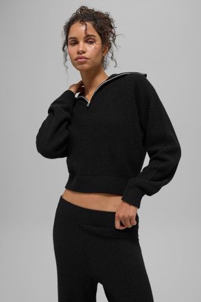 Alo | Cashmere Plush Waffle 1/4 Zip Pullover Top in Black, Size: Medium