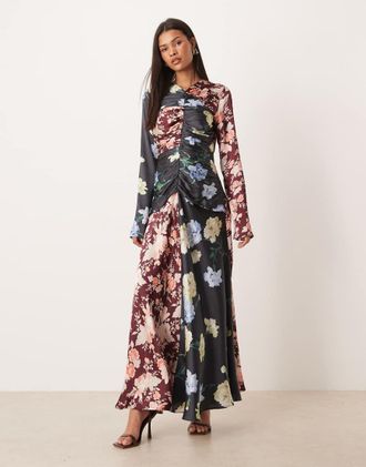 Asos Vestito lungo con corpino arricciato a fiori misti-Multicolore