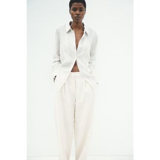 H&M Linen-blend Barrel Trousers in Cream at Nordstrom, Size 14