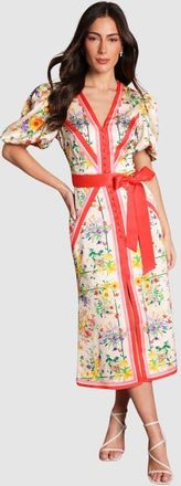 Coast Satin Scarf Print V-Neck Midi Dress in Ivory at Nordstrom, Size 8