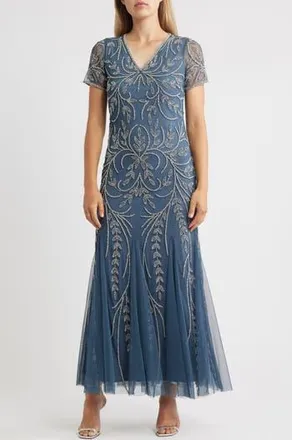 Pisarro Nights Beaded Mesh Gown in Grey at Nordstrom Rack, Size 20 (Similar To 16W)