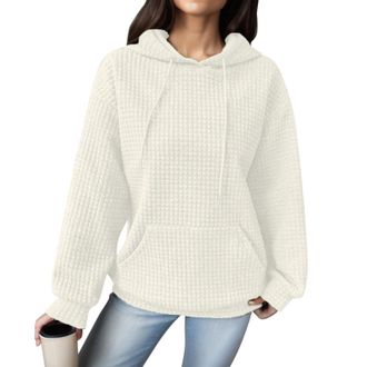 Generic Waffle Hoodies for Women UK Oversized Long Sleeve Sweatshirts with Pockets Lightweight Drawstring Pullover Tops Solid Casual Loose Knit Jumpers Autumn
