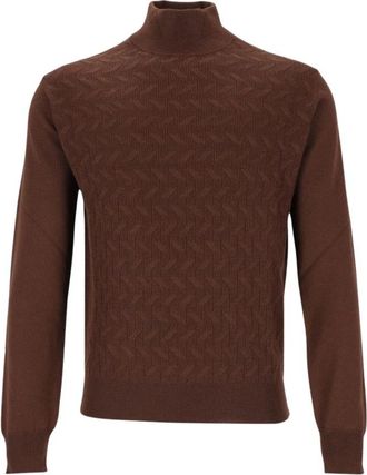 Corneliani High Neck Wool Sweater - Heren - Coltruien - Bruin - M - Wol - Truien & Vesten