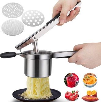OEM Dailygoods, Prensa Para Patatas De Acero Inoxidable, Pur&eacute; Con 3 Coladores Intercambiables, Mango Antideslizante, Machacador Multifuncional