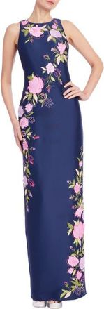 Badgley Mischka Floral Embroidered Column Gown in Navy at Nordstrom, Size 14