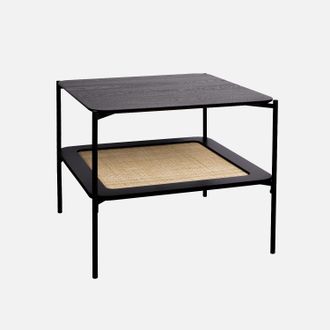 Sweeek Mesa De Centro Cuadrada Con Tablero Doble Efecto Madera Y Ca&ntilde;a, Manado, Negro, 60x60x52 Cm