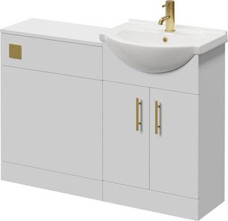 Alexander James Alexander James Cento Gloss White 1150mm 2 Door Vanity Unit Toilet Suite - 1150mm - Brushed Brass 96mm Knurled Bar HandleWithout James Toilet Pan