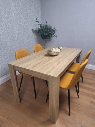 Kosy Koala Oak Effect Dining Table Set With 4 Mustard Gem Pattern Chairs Dining Room Furniture in Brown