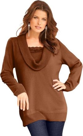 Roaman's Plus Size Lightweight Cowl Neck Sweater With Lace Trim in Cognac at Nordstrom, Size Medium