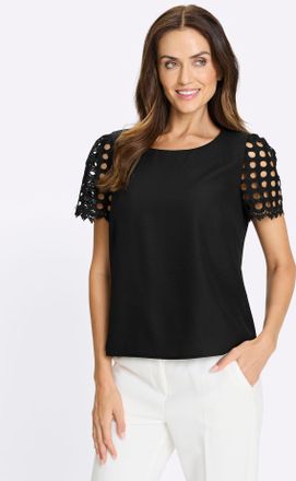 Heine Kurzarmbluse HEINE, Damen, Gr. 34, schwarz, 100% Polyester, &Auml;rmel:100% Polyester, unifarben, Rundhals, Blusen Kurzarmbluse