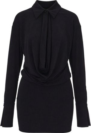 Andamane Black Draped Gathered Polyester-Blend Mini Dress