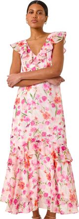 Roman Womens Floral Print Chiffon V-Neck Midi Dress - Cream - Size 18 UK