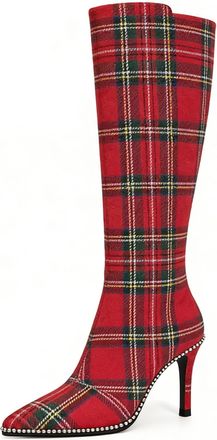 EDEFS Red Plaid Suede Knee High Heeled Boots for Women Elegant Pointed Toe Tall Boots with Slim Leg Fit Ideal for Evening Wear UK3