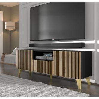 AC-Déco Mueble TV Ravenna F 150 cm 2D1S negro mate/roble artesanal pies dorados