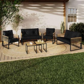 IDMarket Conjunto De Muebles Bajos De Jard&iacute;n Rio, 6 Plazas, Estructura De Metal Negro, Cuerdas De Rat&aacute;n Claro Y Cojines Negros