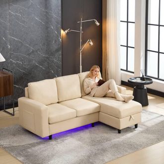 Matteo L-Shaped Sofa Bed with Storage, USB & LED - 3 Seater, Beige