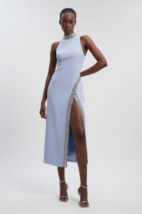 Karen Millen Womens Petite Crystal Embellished Woven Split Maxi - Blue - Size 10 UK