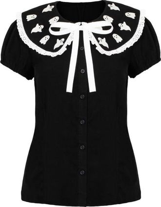 Hell Bunny Phantomette Blouse Gothic Halloween Black Top with Cute Ghost Collar, Black, 2XL