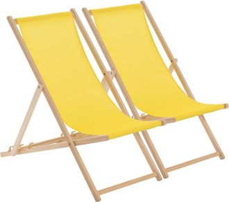 Harbour Housewares 2x Traditional Wooden Deck Chairs - Folding Garden Beach Lounge Chair in Yellow