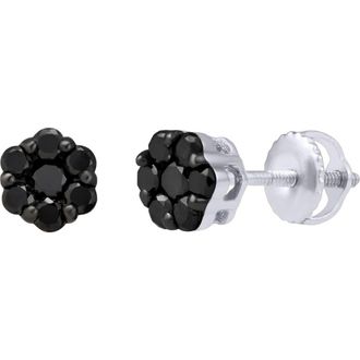 LuvMyJewelry Black Diamond Floral Stud Earrings in 10K White Gold at Nordstrom Rack