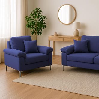 Kosy Koala Modern Blue Sofa 2 1 Seater Set Fabric with Chrome Feet - Comfortable Couch with Cushion for Living Room, Bedroom or Office